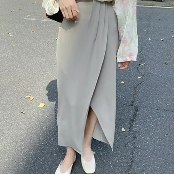Koreansk Mode Plisserede Lange Nederdele med Høj Talje Side Split Drapere Chiffon Nederdel Nye Afslappet og Elegant A-line Sort Nederdele Kvinder 2021