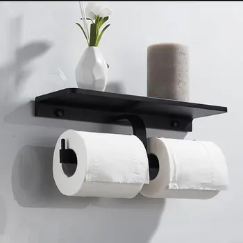 COOANHO papirholder - Dobbelt Hoved toiletrulle Holder med vægmonteret Hylde til Badeværelset (Sort)