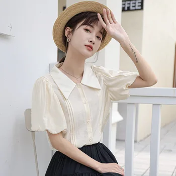 Girl ' s Korte Ærmer, Hvid Skjorte Design 2021 Nye Retro Hong Kong Style fransk V-hals Top