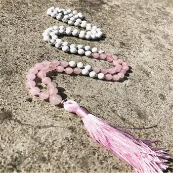 6mm Howlite Pink krystal 108 Perle Kvaster Mala Halskæde Fancy spiritualitet MUNK Gemstone Armbånd Healing Velsigne kæde