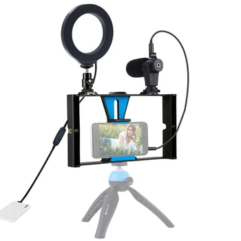 PULUZ PKT3027 3 i 1 Vlogging Live Broadcast Smartphone Video Rig + Mikrofon + Ring-LED Selfie Lys Kits
