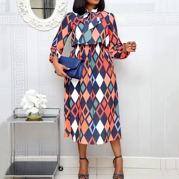 Afrikansk Mode Kvinder Kontor Kjole Vintage Geometriske Print Lace-Up Bue Krave For En Linje Retro Damer Arbejde Slid Plus Size Kjoler