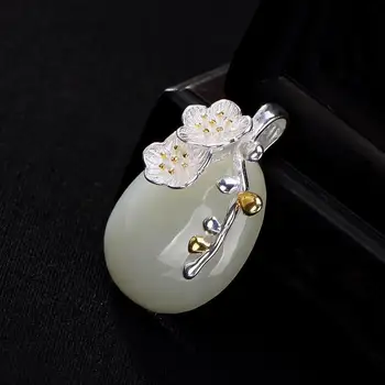 Oprindelige Design Naturlige Hetian Jade Blomme Blomster Vedhæng i Kinesisk Stil Retro Unikke Håndværk Charme Kvinders Sølv Smykker
