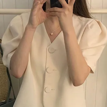 Smarte Korte Bluse, Frakke Kausale koreanske Puff Ærmer V-hals Skjorte 2021 Forår Sommer Single Breasted Kvinder Top Blusa
