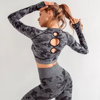 Kvinder Sport Shirt Tilbage Hule Ud Åndbar Langærmet Udsat Navlen Afgrøde Top Elastisk Hurtig Tør Fitness Slank Pasform Yoga-Shirt