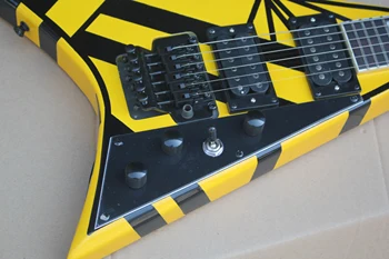 Vores fabrik specialfremstillede seks-string særlige elektriske guitar, gul stribe, sort dobbelt vuggende tilbehør, gratis levering
