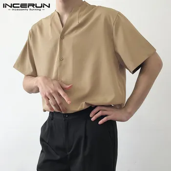 Herre ensfarvet Skjorter, Korte Ærmer V-Hals Vintage Bluse INCERUN Mandlige koreansk Stil Løs Camisa Retro Åndbar Shirts 5XL 7
