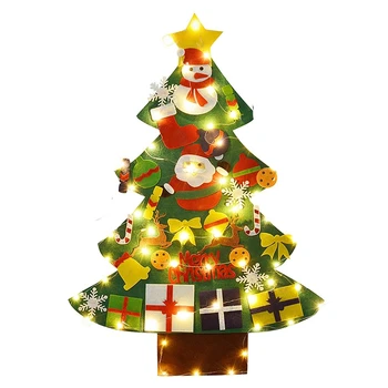 Følte juletræ,Diy juletræ med LED String Lys med Ornamenter for Kids Xmas Gaver Hjem frontvæg