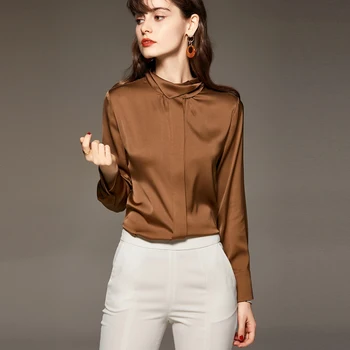 95% Silke og 5% Spandex Kvinders Shirt med O-Hals Lange Ærmer Pullover Elegant Bluse Toppe Camisas