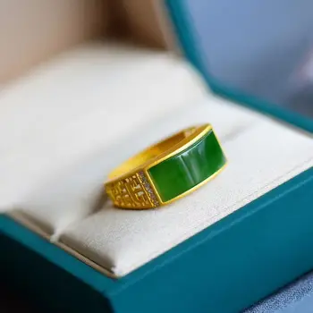 Naturlige Hetian Jade Grøn Jade Ring S925 Sterling Sølv med Forgyldning Lang Åbning Firkantet Ring Justerbar Vintage Ring for Mænd og Ve