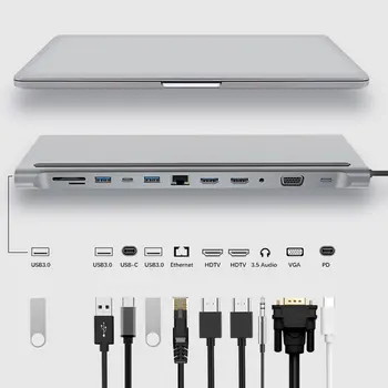Hurtig USB Type C-Hub For produkter med Dobbelt 4k HDMI-kompatibel USB3.0 USB2.0 Pd Opladning VGA Audio Jack RJ45 3,5 mm Med Adapter