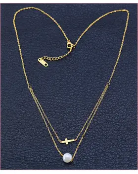 Engros Smykker -- Kors Og Pearl (8 mm) Vedhæng Halskæder til Kvinder 316L Titanium stål No Fade, Guld / Hvid