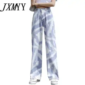 ICCLEK JXMYY 2021 Tie-Dye Jeans Kvinder ' s Slanke Design Niche Højtaljede og Cool Wide-Ben Bukser Lige Sød Og Krydret Style T