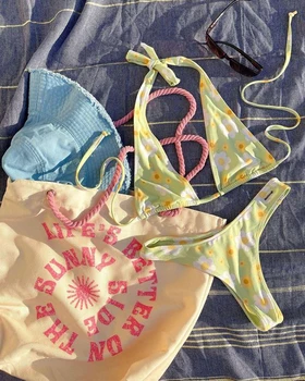 Blomster Gul Bikini Sæt til Kvinder 2021 Ins Backless Badedragt High Cut g-streng Badetøj Svømning Bathing Suits, Badetøj