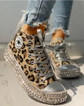 Kvinde Foråret Leopard print-Kanvas Fashion Sneakers Rhinestone paillet fladskærms Vilde kvinder sko Unge casual sko Plus Størrelse 43
