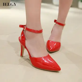 IELGY Kvinders sandaler pegede lavvandede munden patent læder stilethæl stor størrelse alle-match sexet solid farve-høj hæl