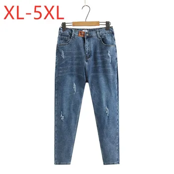 Nye 2021 Damer Forår Sommer Plus Size Lange Jeans Til Kvinder Store Slanke Elastisk Bomuld Blå Hul Denim Bukser 3XL 4XL 5XL