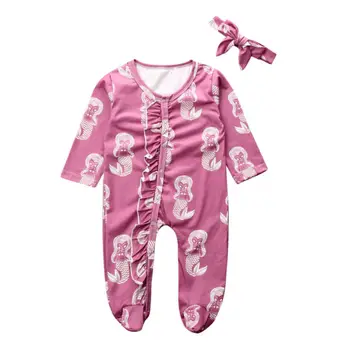 Nyfødte Baby Pige Tøj Print Romper Buksedragt+Pandebånd Tøj Efteråret langærmet Baby Pige Tøj Rompers 0-18M