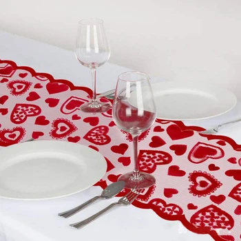 Valentines bordløber Røde Hjerte Hule Ud Dekorative Blonder Tabel Flag til Bryllup Engagement\u00a0Proposal