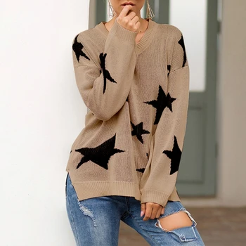 Kvinder Lanterne Langærmet Sweater Sexet-V-Hals Colorblock Stjernede Strikket Tunika Toppe Side Split Overdimensionerede Løs Bluse Shirt