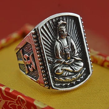 Retro Etnisk Stil Ren Sølv Guanyin 999 Rent Sølv Ring Mænds Dominerende i Stor Størrelse Ring Personlighed Held og lykke Sølv Ring