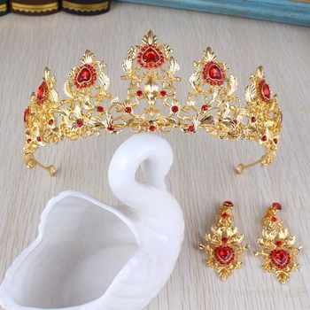 To-delt Sæt Nye Kostume Stil Bridal Crown Guld Forsølvet Rhinestone Crown Øreringe Bryllup Tilbehør FOU99