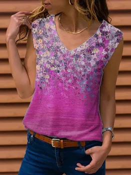 Kvinder uden Ærmer med V-hals trykte 8-farve bunden vest, t-shirt, toppe