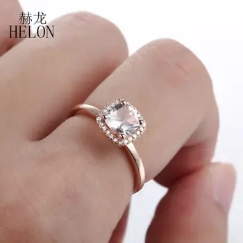 HELON Real 10K Guld Fejlfri Pude 6mm Ægte Morganite Diamant Engagement Bryllup Kvinder, Trendy Smykker og Diamanter Ring