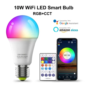 Wifi Smart LED Pære E27 10W RGB CW Farve Skiftende Lys Dæmpbare LED-Lampe Arbejde Med Alexa, Google Startside Siri-stemmestyring