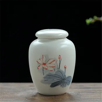 Kinesisk Stil Porcelæn Te Dåse Lille Transportabel Tank / Hvid Print Og Kan Candy Jar Udendørs Krydderi Krukke Puer Te