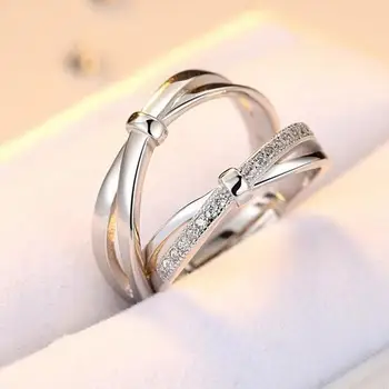Koreanere S925 Sterling Sølv Par Ring Kvinder Smykker Bue Åbning Størrelse Justerbar Elskere Bryllup Engagement Ring for Par
