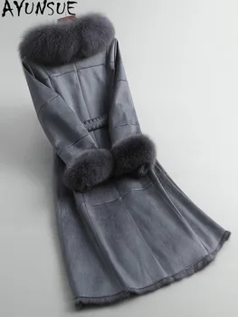 AYUNAUE 2020 Naturlig Kanin Pels Kvindelige Vinter Tøj Kvinder Lang Læder Jakke Kvinde Ægte Ræv Pels Krave Abrigo Mujer 1254