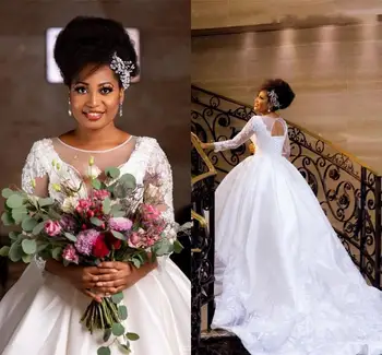 Dubai arabisk Afrikanske Plus Size brudekjoler Beaded Ren og skær Hals Lange Ærmer Krystaller, Perler Brudekjole Brudekjole