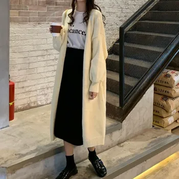Dovne Mid-Længde Cardigan Jakke Dame 2021 Foråret Efteråret Nye Koreanske Mode Løs Solid Farve-Match Strikke En Sweater Frakke