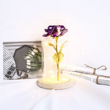 L Kunstig Rose Blomst Og LED-Lys Streng I Glas Kuppel På Træ-Base Den Bedste Gave Til Mænd, Kvinder (Batterier Ikke Inkluderet)