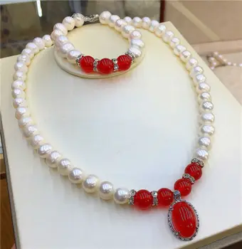 7-8 MM hvid ferskvands Perle rød jade halskæde armbånd sæt