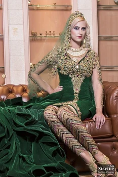 Nisrine Fakih ny nederdel, lange diamant perler grøn kant velour kjole kjole ingen bukser DF12365 dubai kaftan klæder