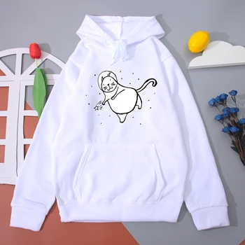 Harajuku Kvinder Hættetrøjer Tegnefilm Plads Cat Print Sweatshirt Casual Modetøj Pige Overdimensionerede Streetwear Varm Fleece Hoodie