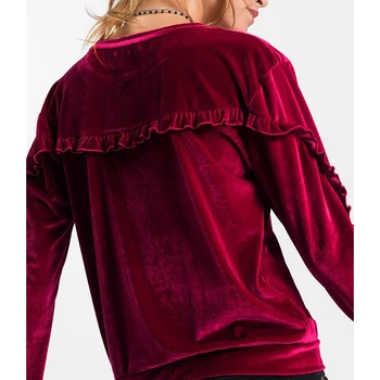 Foråret Efteråret Kvindelige Velvet Hoody Sweatshirt 2021 Løs Casual Lange Flæser Ærme Pullovere O-hals Elegante Toppe Kvinde Tøj