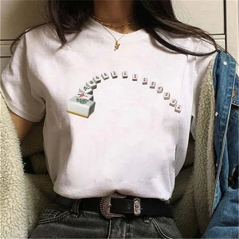 FIXSYS Kvinde Mahjong Tegnefilm Print Harajuku Sommer t-shirts Afslappet Rund Hals Korte Ærmer Toppe Tee Sjove Tøj