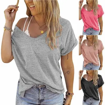 Plain Baggy V-Hals T-shirt t-Shirts til Kvinder kortærmet Bluse om Sommeren Løs Casual Toppe Kvinde Tøj