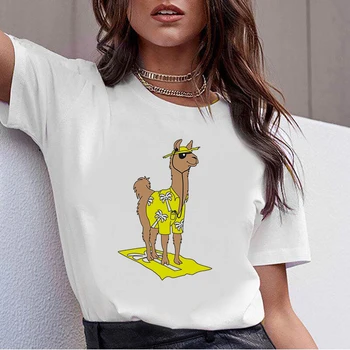 Casual T-Shirt Kvinder Sommer Tees O-Hals, Korte Ærmer Koreansk Mode Kvinde Tøj Alpaca T-Shirt Med Grafisk Print Oversize