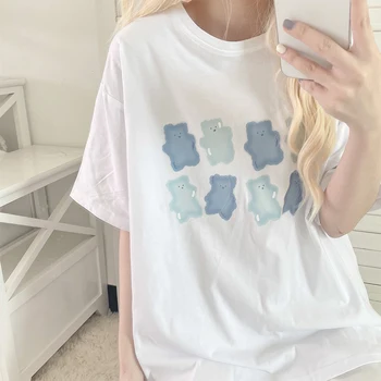 Sød Blød Studerende Løs, Kortærmet T-Shirt Kvinder Harajuku Streetwear Søde Print Top Sommer O-Hals Kawaii Japansk Tee