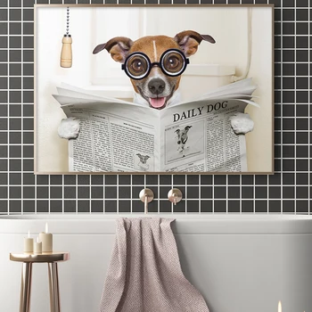 Dog Læser Avis Toilet Væg Kunst, Lærred, Plakat Print Sjov Hund Maleri Elsker Gave Væggen Billede Med Hjem Badeværelse Indretning Hunde
