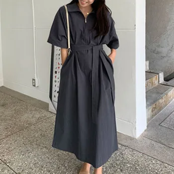 2021 Afslappet Sommer Bælte Farve Revers Lynlås Lange Kvinders Klæde i Japansk Stil koreansk Mode Enkelhed Temperament