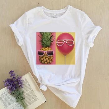 Sommeren Tshirt Farverige Ananas Mode Trykt T-shirt Sollys Harajuku Sjovt Tynd Afsnit T-Shirt Kvinder Tøj