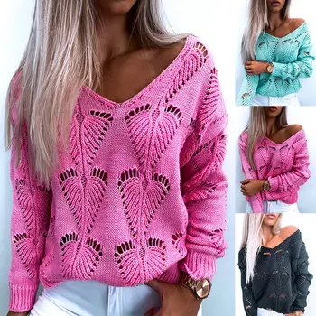 Mode Hule Design-Se Throough Sweater Kvinder 2020 Efterår Og Vinter V-Hals Langærmet Ensfarvet, Casual Løs Strikket Toppe