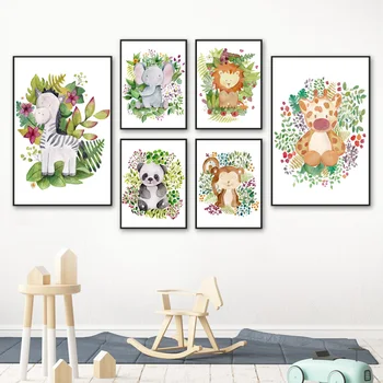 Zebra Panda Elefant, Abe, Løve Og Giraf Blomst Væg Kunst, Lærred Maleri Nordiske Plakater Og Prints Væg Billeder Kids Room Decor