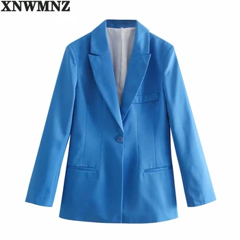 XNWMNZ za Kvinder Solid Blå Blazer Vintage Pels Én Knap Lomme 2021 Mode Kvindelige Casual Chic Toppe