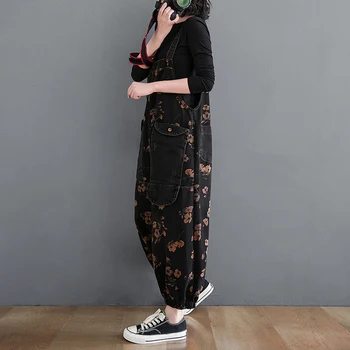 Blomsterprint Bred Ben Buksedragt 2021 Kvinder Mode Lomme Patchwork Ærmeløs Denim Overalls Damer Vintage Loose Jeans Jumpsuit
